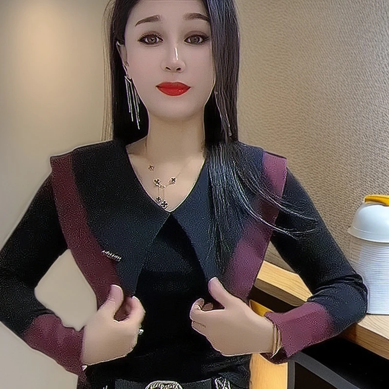 62711新款拼接撞色洋气减龄显瘦长袖T恤女时尚百搭海军领打底衫