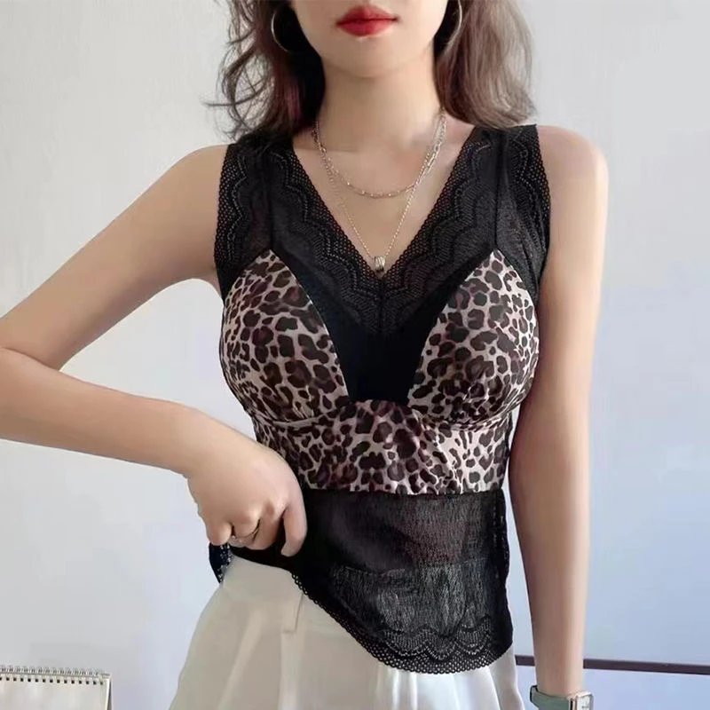 乳胶固定杯后镂空时尚洋气碎花ins风性感豹纹背心蕾丝美背打底