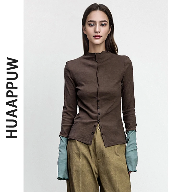 画朴时尚撞色拼接半高领弹力打底衫女2025春季新款修身显瘦上衣潮