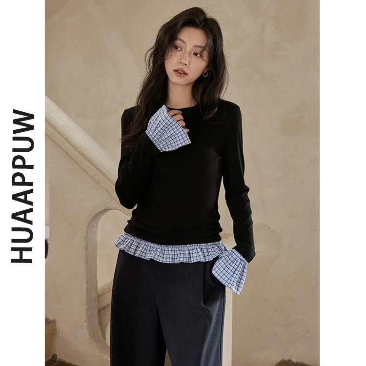画朴法式设计感复古格子拼接长袖T恤女2025秋新款显瘦百搭上衣ins