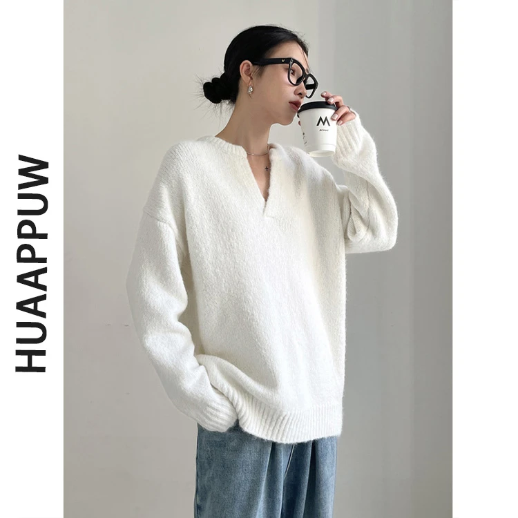 画朴法式白色v领慵懒风针织衫女2025秋季新款宽松保暖百搭毛衣ins