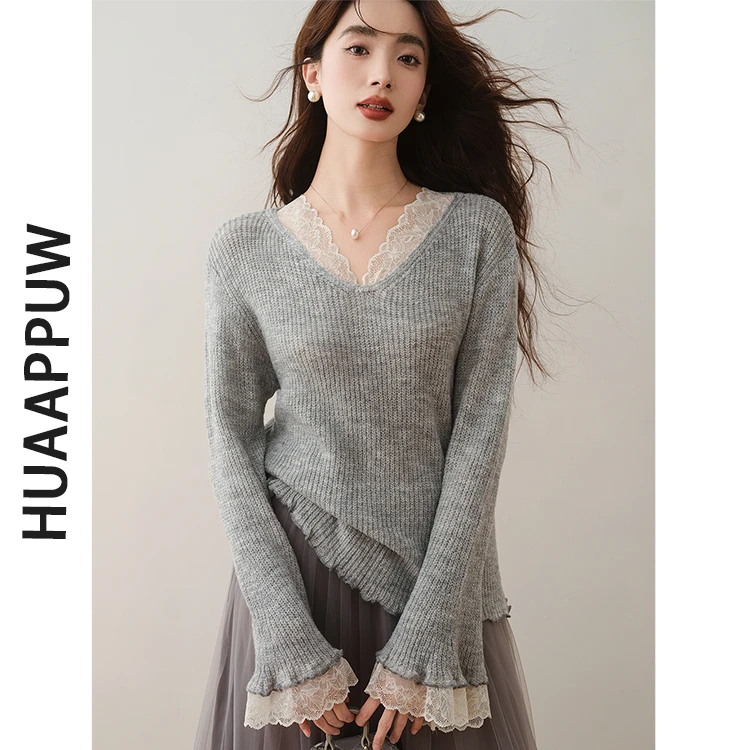 画朴法式气质蕾丝拼接针织衫女2025秋季新款喇叭袖V领别致上衣ins