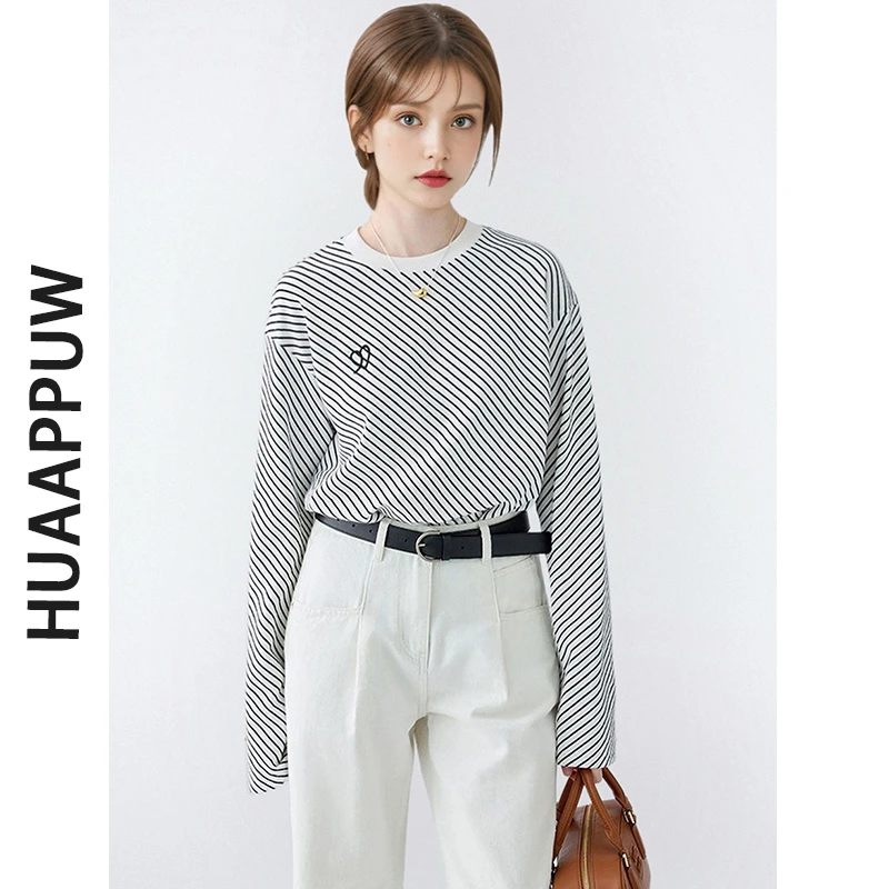 【条纹时装】画朴休闲斜条纹长袖T恤女ins2025新款通勤显瘦正肩圆领