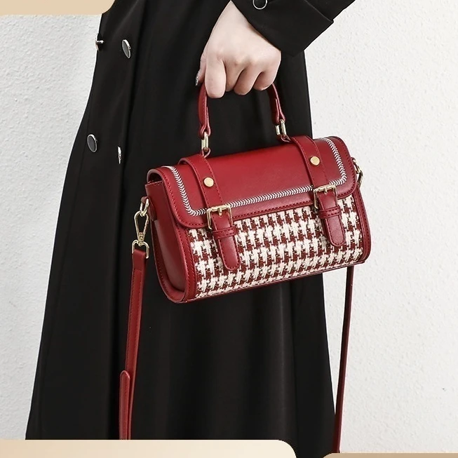 小众红色千鸟格剑桥包高级感新娘包小众设计斜挎包时尚百搭手提包