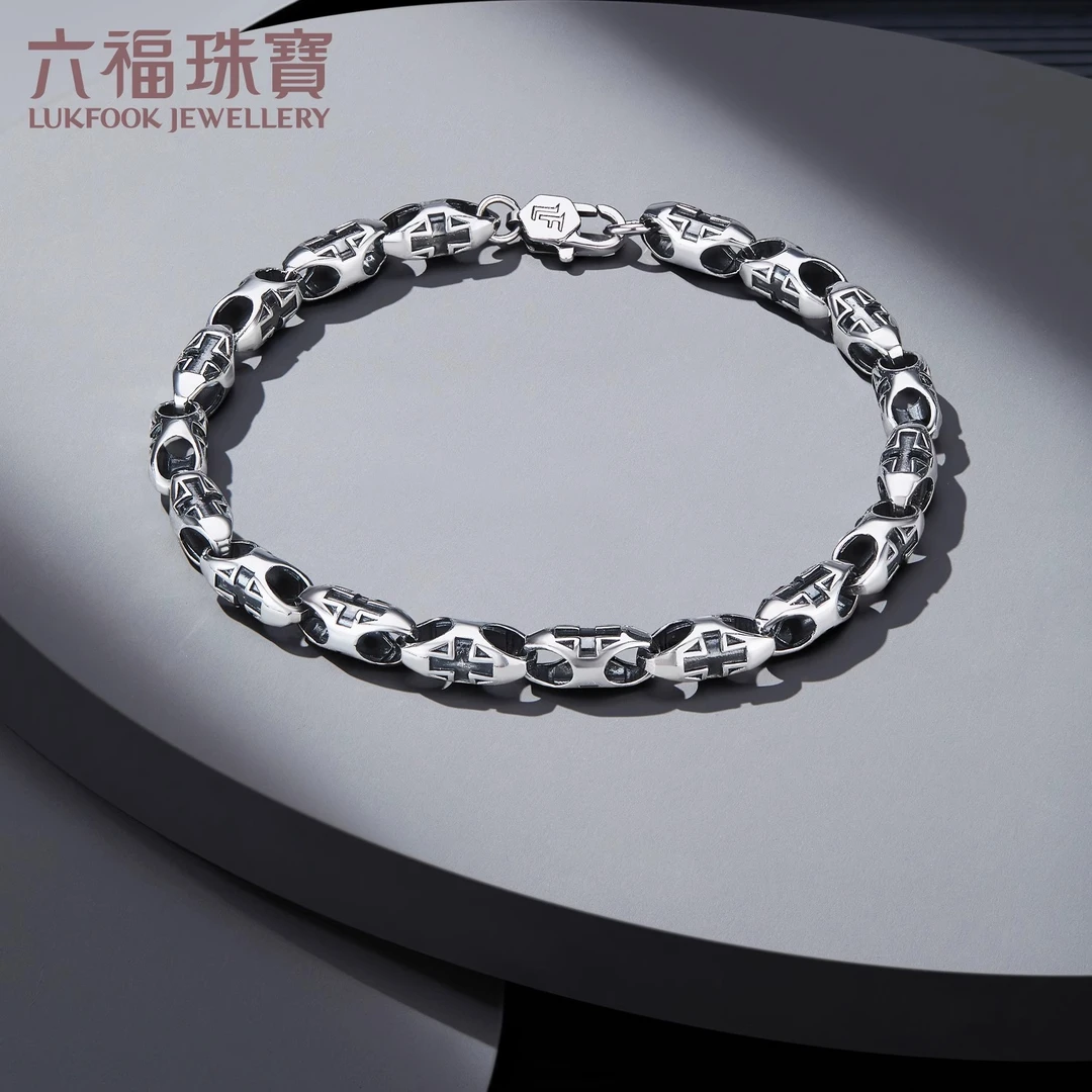 六福珠宝橄榄型铂金手链铂950男电黑工艺白金手链计价G07TBPB0020