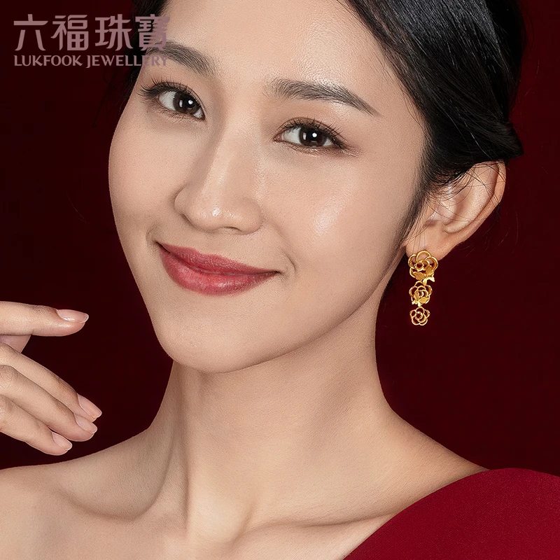 六福珠宝繁花舞蝶黄金耳饰精美金耳坠足金耳环一对计价ERG50004S