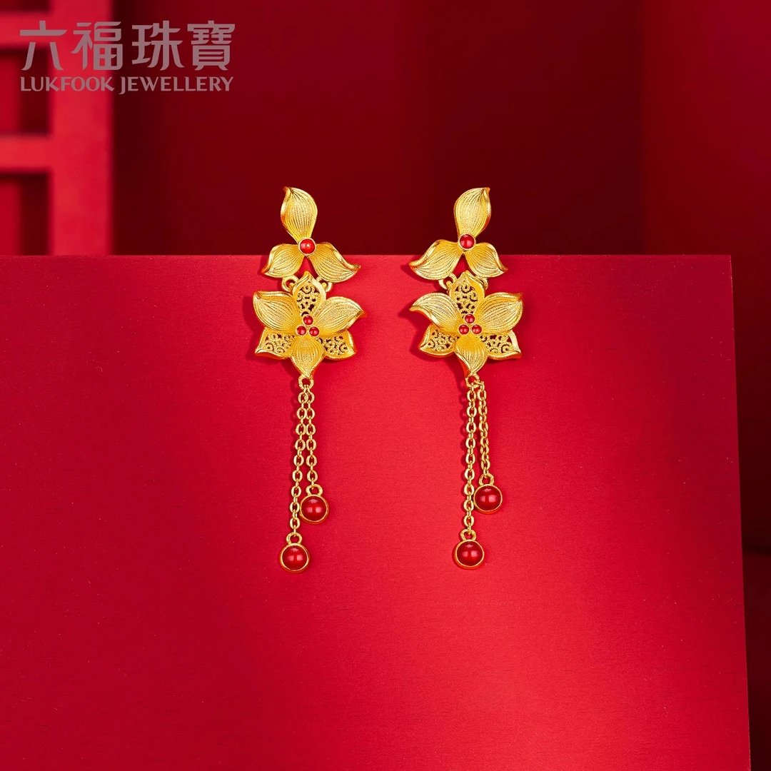 六福珠宝福满传家百合花黄金耳钉耳环婚嫁礼耳坠计价G21TBGE0001
