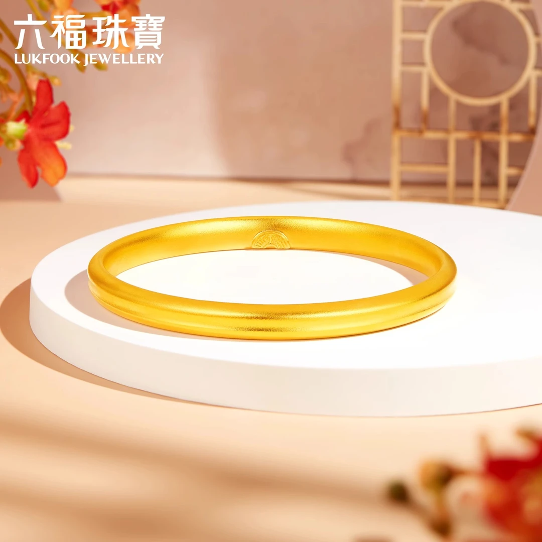 六福珠宝福满传家圆满安乐古法黄金手镯素圈女款足金计价012440AA