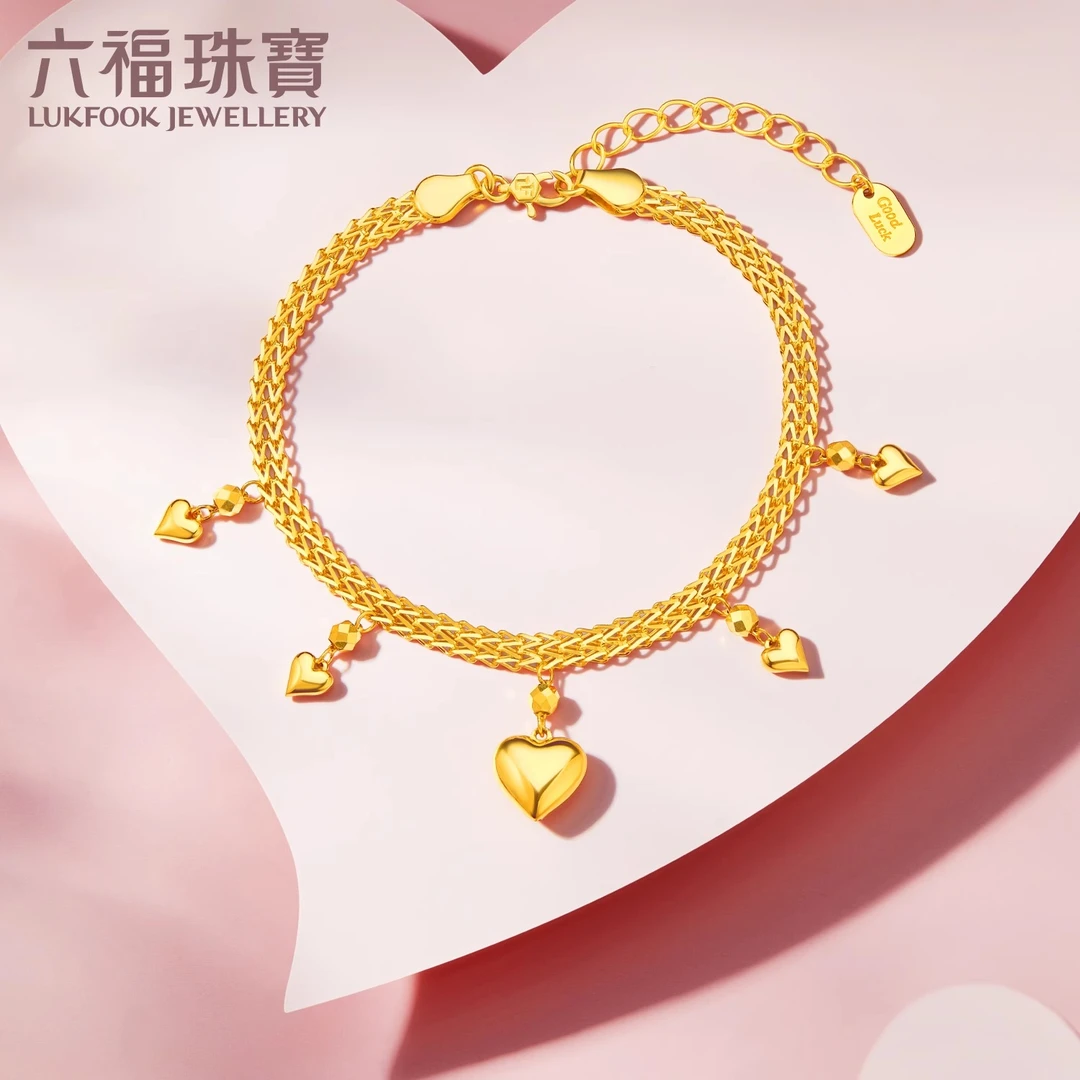 六福珠宝光影金爱心闪闪黄金手链女5G足金双层龙骨链计价020954BA