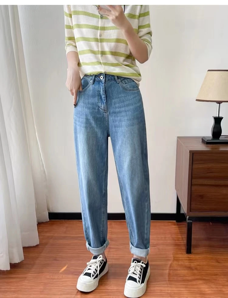 妍妍2024新款高腰显瘦牛仔裤拖地裤宽松大码阔腿哈伦裤女胖mm200