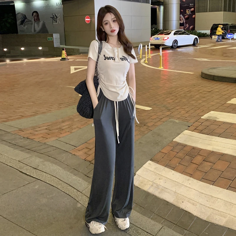 2023小个子新款时尚休闲套装女夏季薄款直筒显瘦高腰阔腿裤两件套