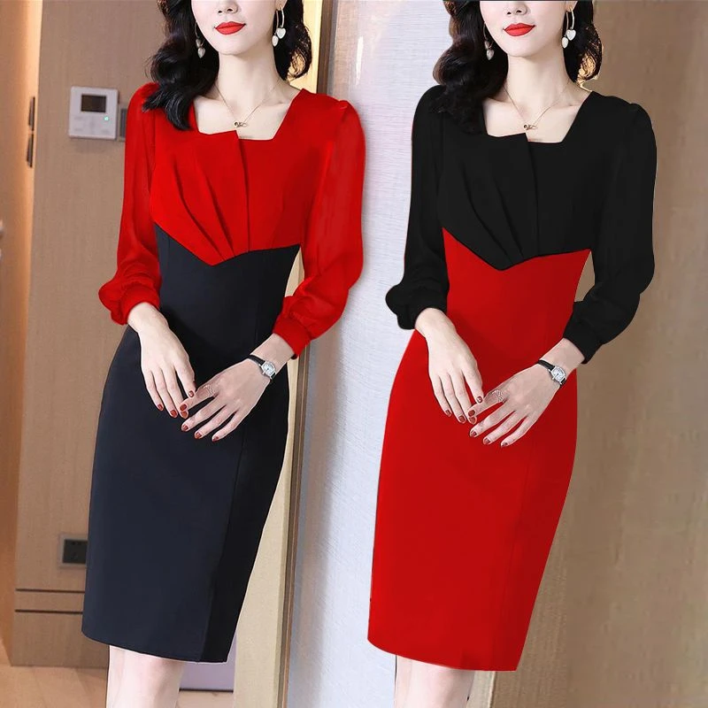 正式场合连衣裙女减龄新款黑红拼接气质修身显瘦A字包臀裙子