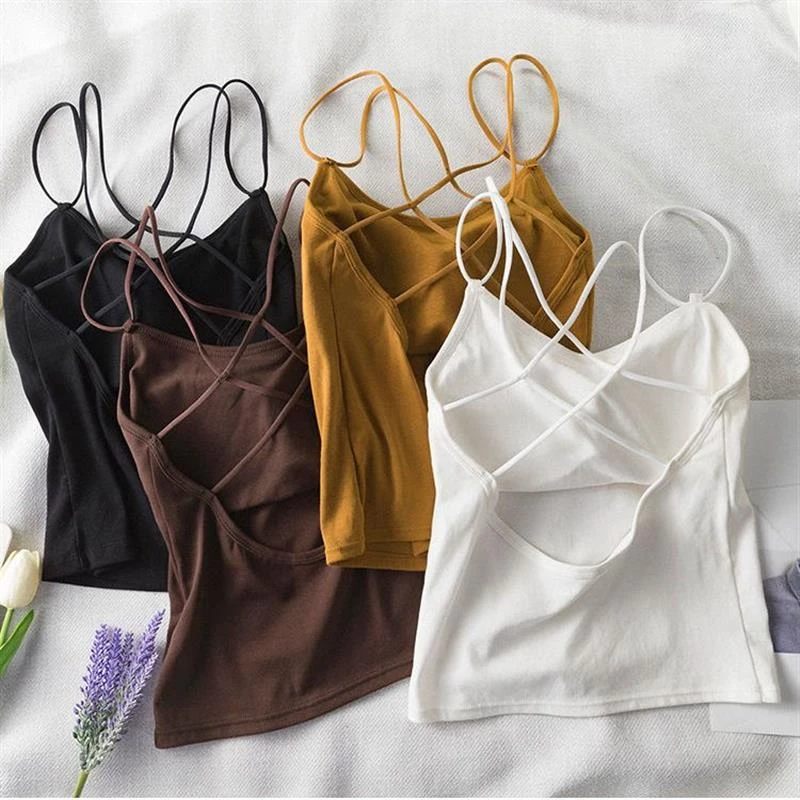 简约纯色小吊带女2021夏季新款韩版百搭后背交叉美背裹胸背心上衣