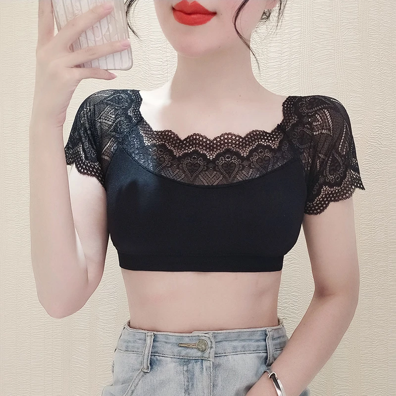 吊带裙内搭女短袖蕾丝拼接打底衫夏季半截短款美背上衣修身薄款