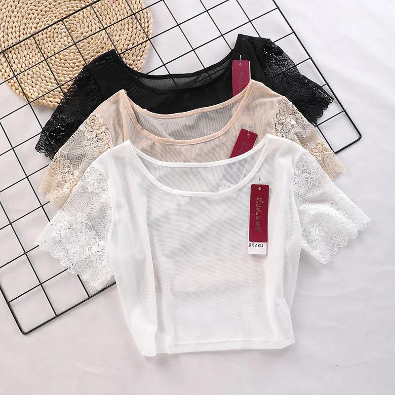 吊带裙内搭薄纱透明紧身蕾丝上衣半截网纱打底衫女夏白色短袖t恤
