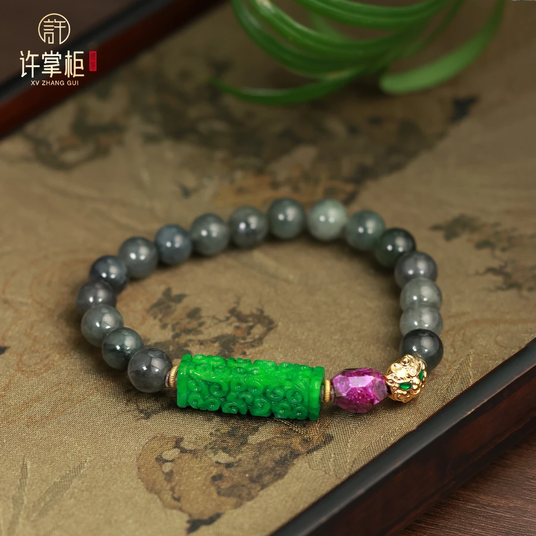 许掌柜｜18K金翡翠手串天然缅甸翡翠A货雕刻方柱乌鸡手饰优雅轻奢