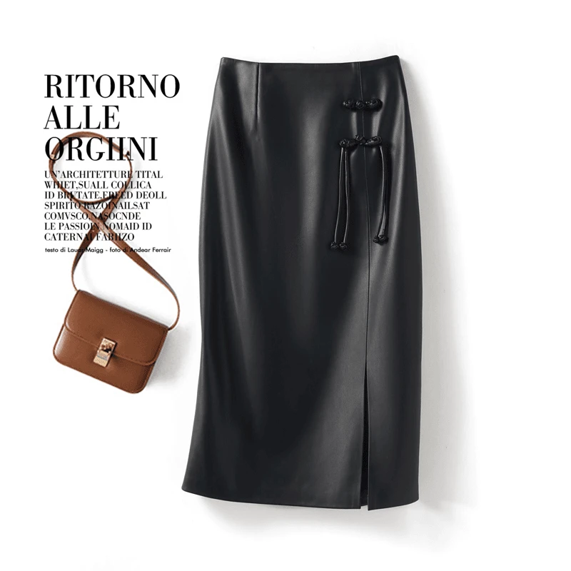 海宁皮裙中长裙高腰中国风包臀裙