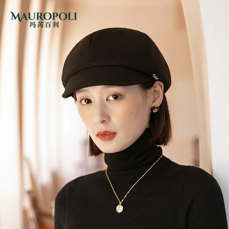 MauroPoli/玛芮百利日系简约鸭舌帽女2024新款秋冬黑色复古报童帽