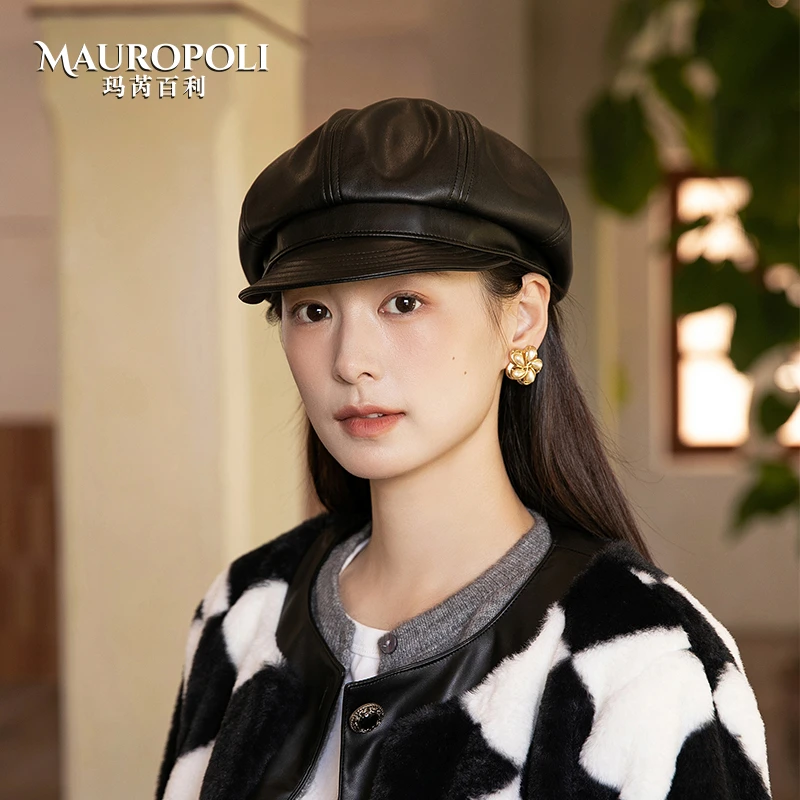 黑色八角帽韩版复古软顶帽子女款鸭舌帽秋冬季PU皮时尚气质报童帽