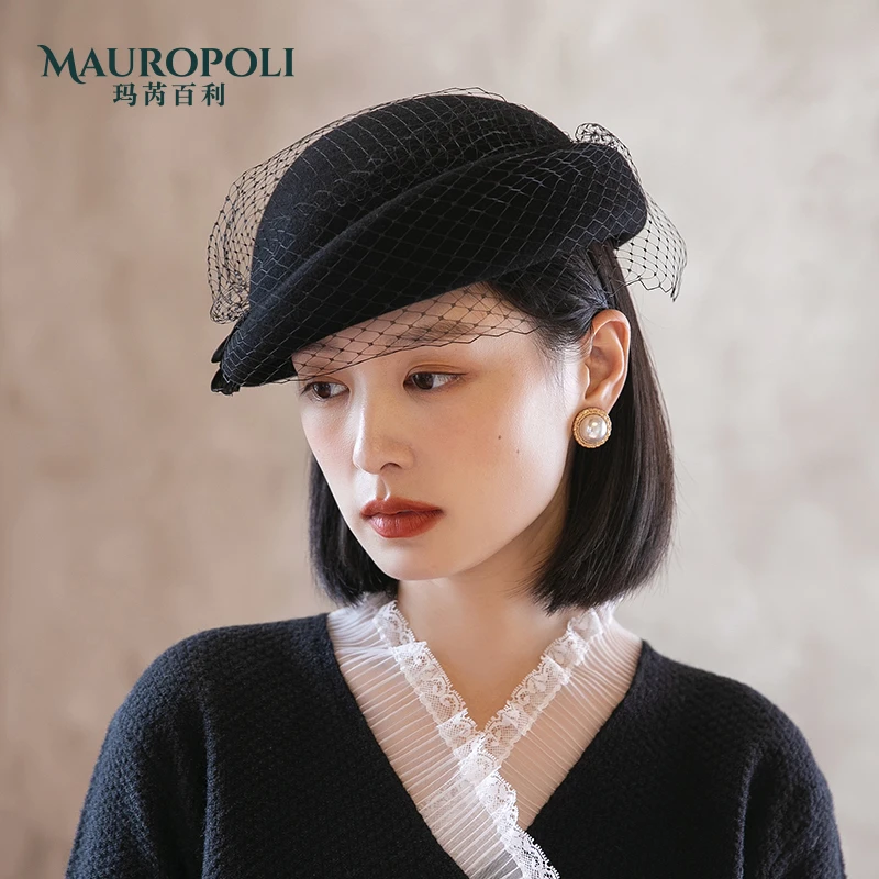 MauroPoli/玛芮百利黑色网纱礼帽女秋冬新款法式复古帽短帽沿时尚
