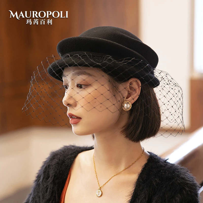 MauroPoli/玛芮百利法式复古羊毛贝雷帽女2024新款蕾丝名媛礼帽秋