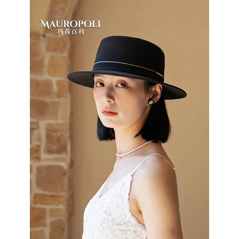 MauroPoli/玛芮百利平顶草帽女新款法式优雅时尚遮阳帽平檐防晒帽