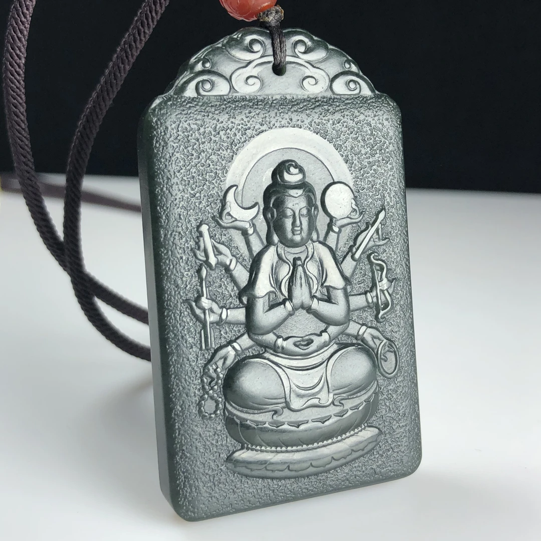 和田玉青玉千手观音菩萨玉牌挂件生肖鼠守护神男女款吊坠带证书