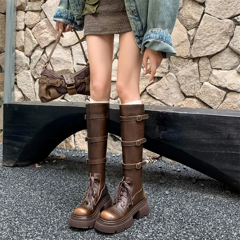 【鞋逅】~6厘米真皮~厚底粗跟系带长筒靴女2025年新款骑士靴长靴