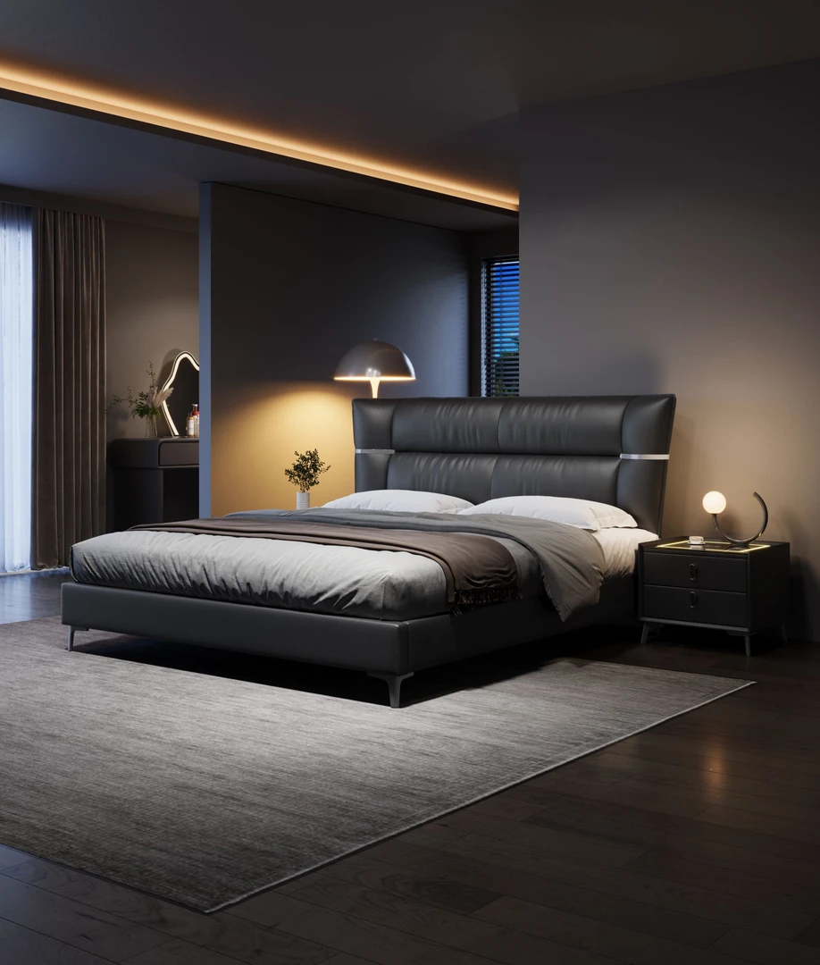 【佛山名品】现代简约轻奢极简主卧创意真皮大床主卧床意式次卧床A2