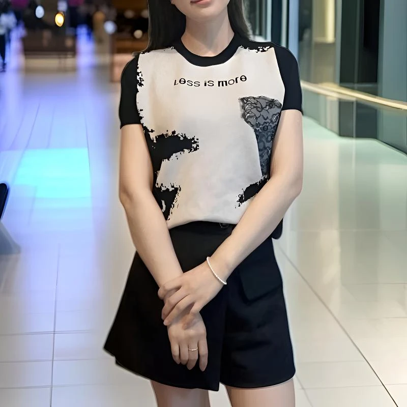 针织衫冰丝短袖t恤女夏季薄款时尚大码圆领显瘦宽松百搭洋气气质