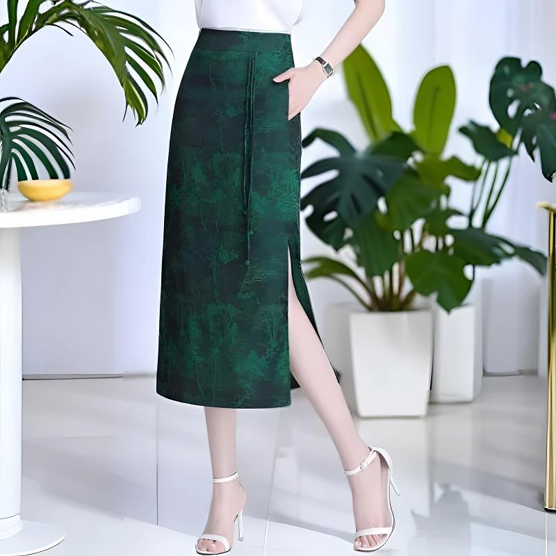 夏季时尚新中式提花包臀裙绿色缎面复古显瘦气质修身开叉中长款