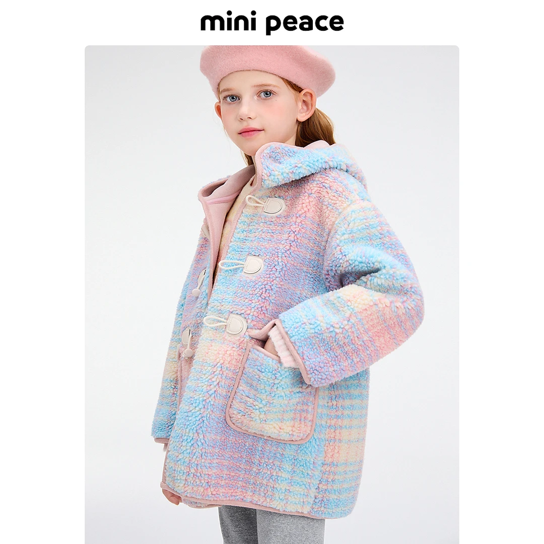 MINIPEACE太平鸟童装女童连帽仿羊羔绒外套儿童大衣牛角扣洋气冬