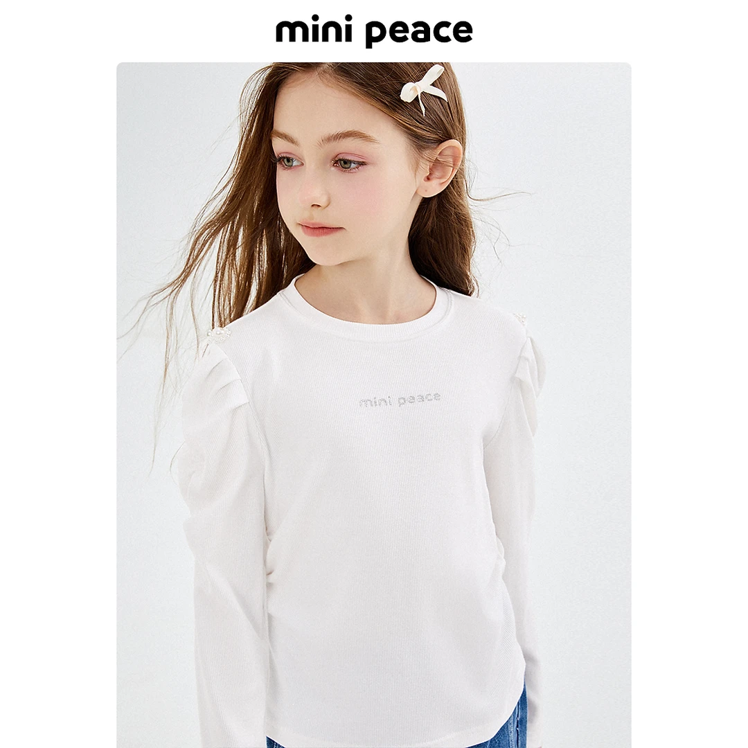 MINIPEACE太平鸟童装春秋季儿童白色休闲百搭圆领上衣女童长袖T恤