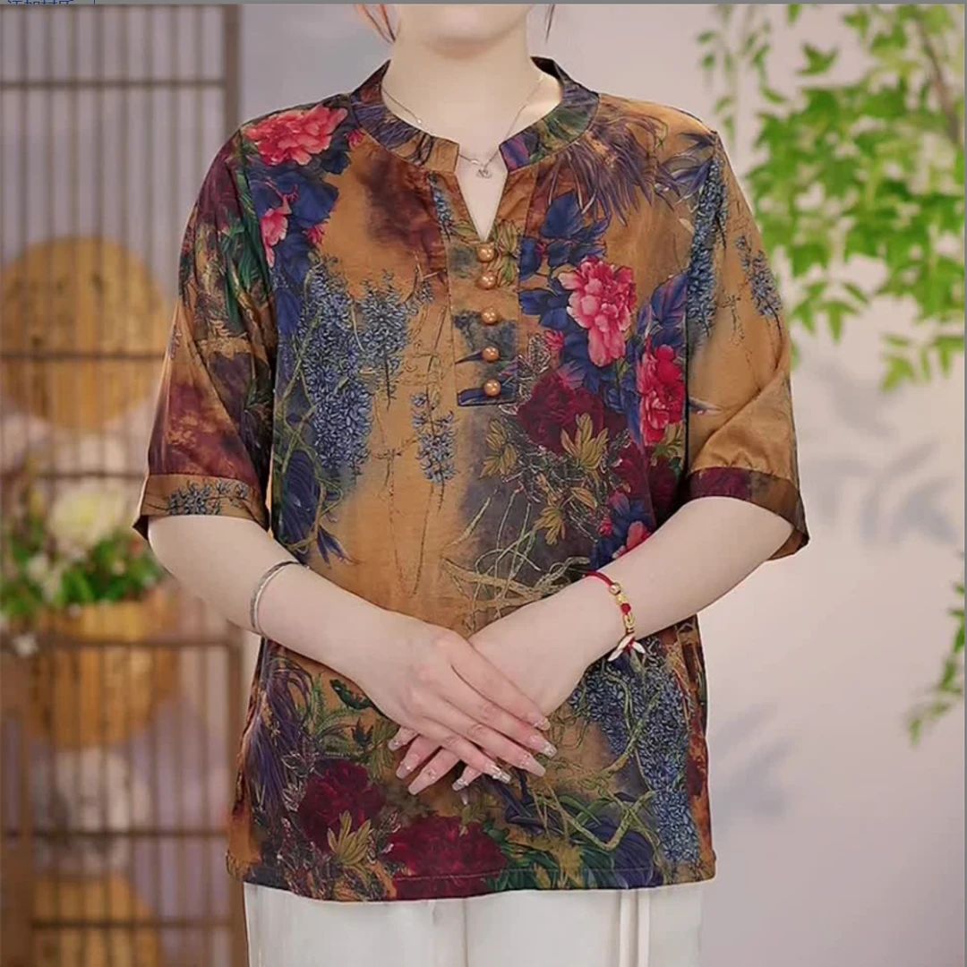 【012】2024年夏季新款中老年妈妈装小V领洋气时尚百搭衬衫