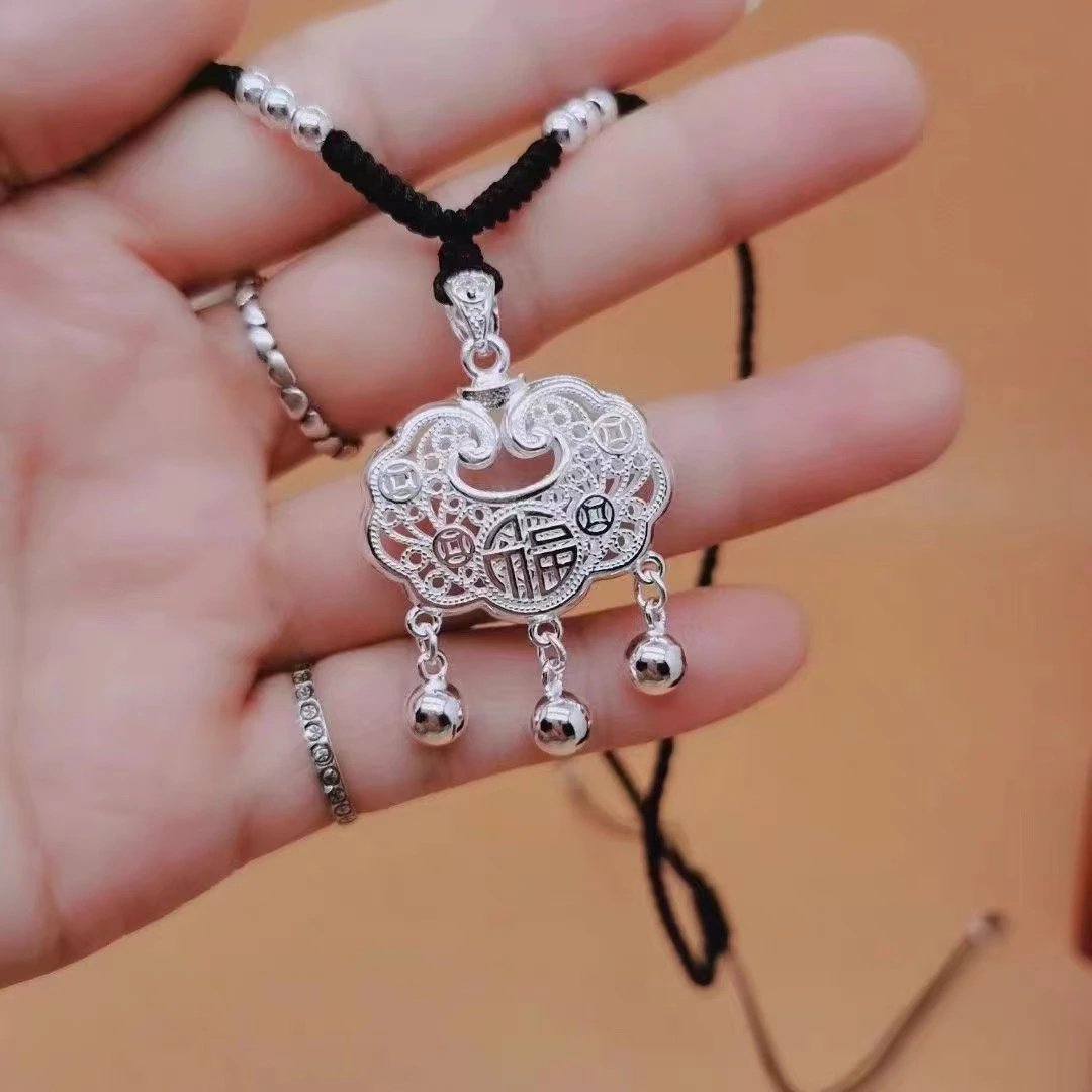 吊坠足银 镂空长命锁 大人小孩均可佩戴编织