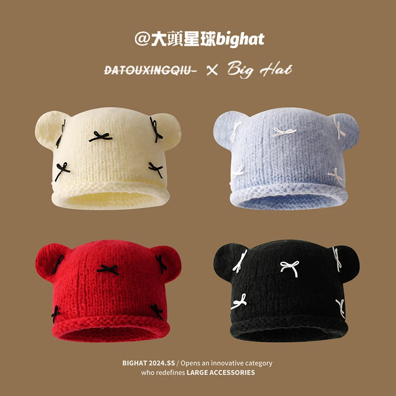 可爱猫耳毛线帽大头围秋冬保暖蝴蝶结针织帽