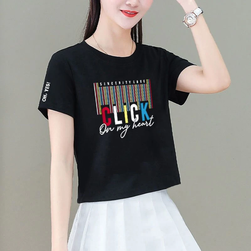 100%纯棉短袖t恤女短款夏季韩版矮个子洋气黑色显瘦圆领宽松上衣