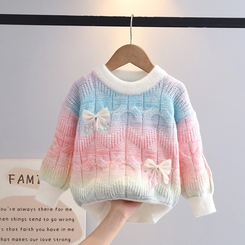 女童毛衣渐变彩虹秋冬加厚2025新款冬装儿童针织衫中洋气打底上衣