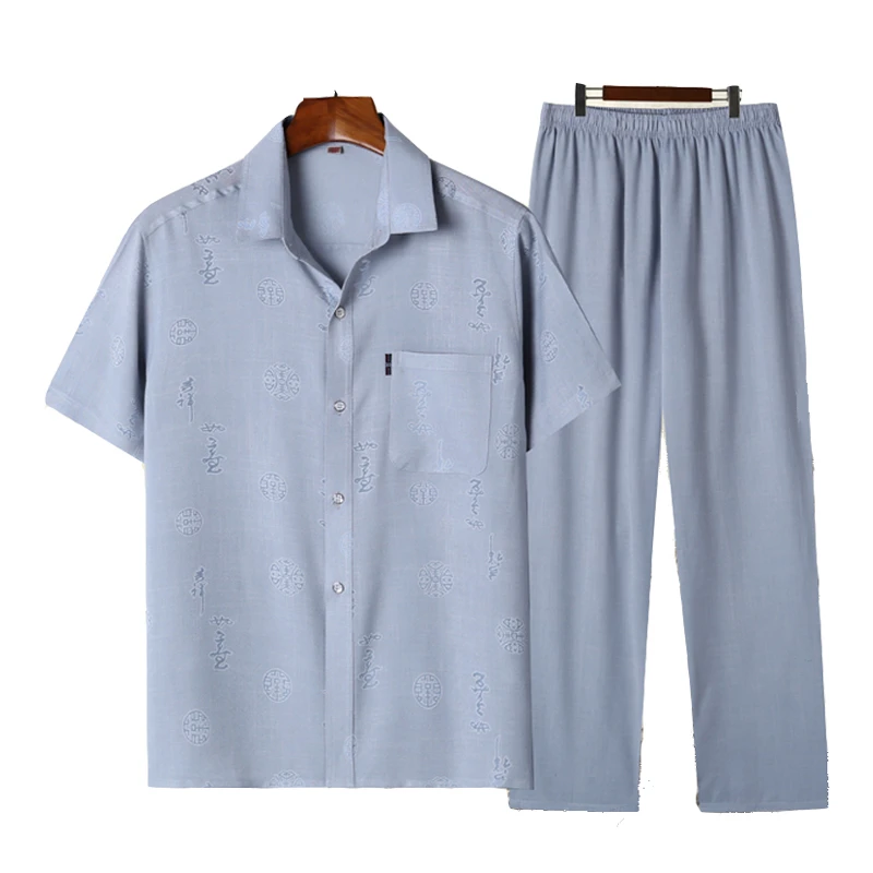 夏季中国风中年男士短袖套装透气新款爷爷休闲薄款爸爸装宽松衣服