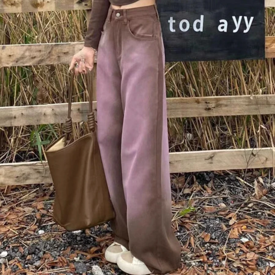 EGO-FCF078渐变设计感牛仔阔腿裤显瘦垂感拖地牛仔长裤