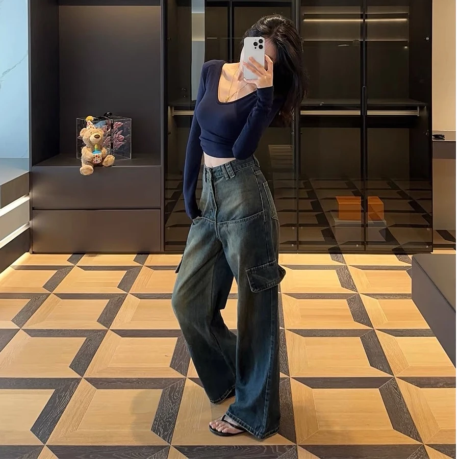 EGO-FCF082美式复古口袋工装牛仔裤女高腰直筒宽松阔腿长裤