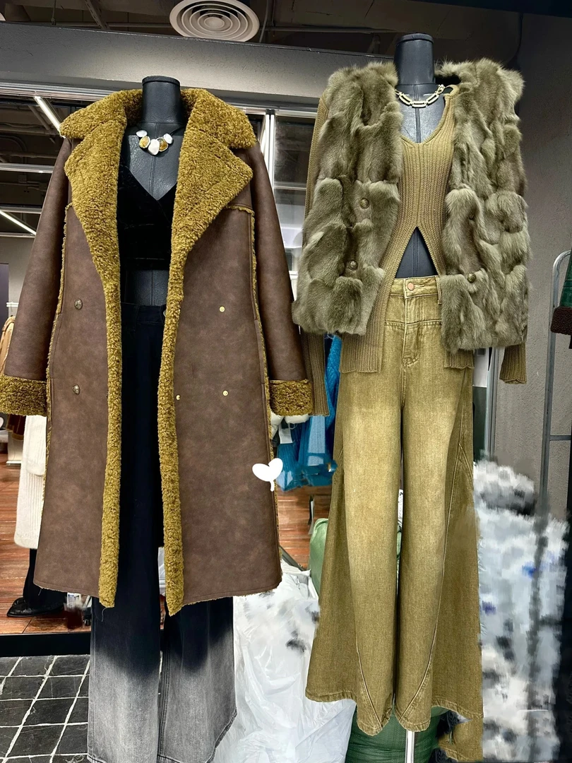 EGO-HBD017加厚翻领中长款外套冬季宽松百搭皮毛一体大衣