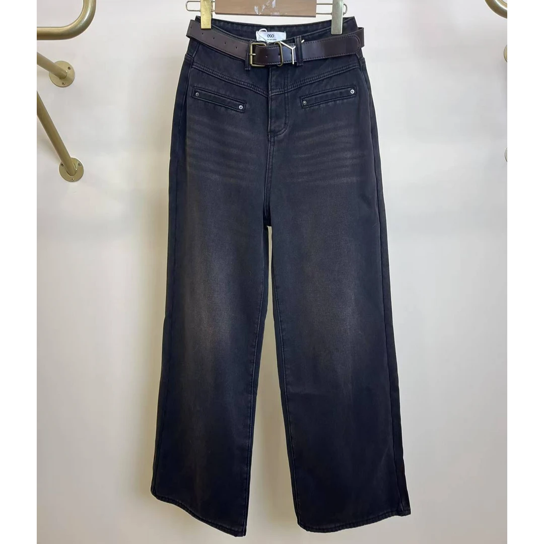 EGO-HCF095个性口袋设计加绒牛仔裤女冬高腰宽松百搭阔腿拖地裤