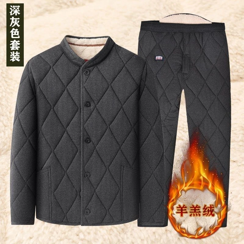 中老年人男士宽松棉袄外穿冬季加厚棉服爸爸加绒保暖内衣棉衣套装