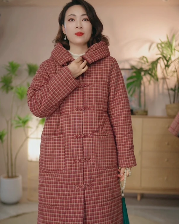 麻天下【格纹连帽】新中式经典格子保暖显瘦气质对襟连帽棉服外套
