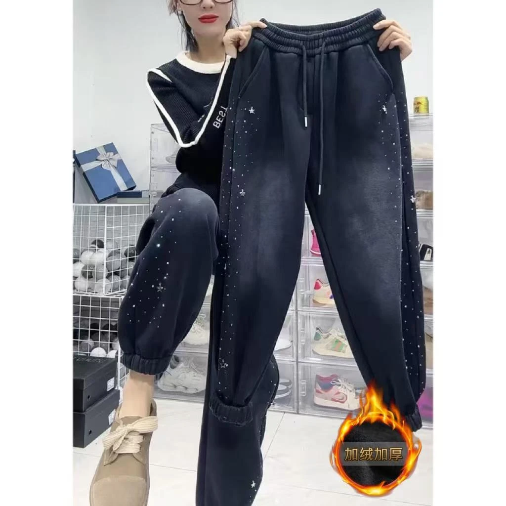 秋冬新款加绒卫裤休闲裤女大码宽松高腰显瘦高级时尚烫钻束脚裤