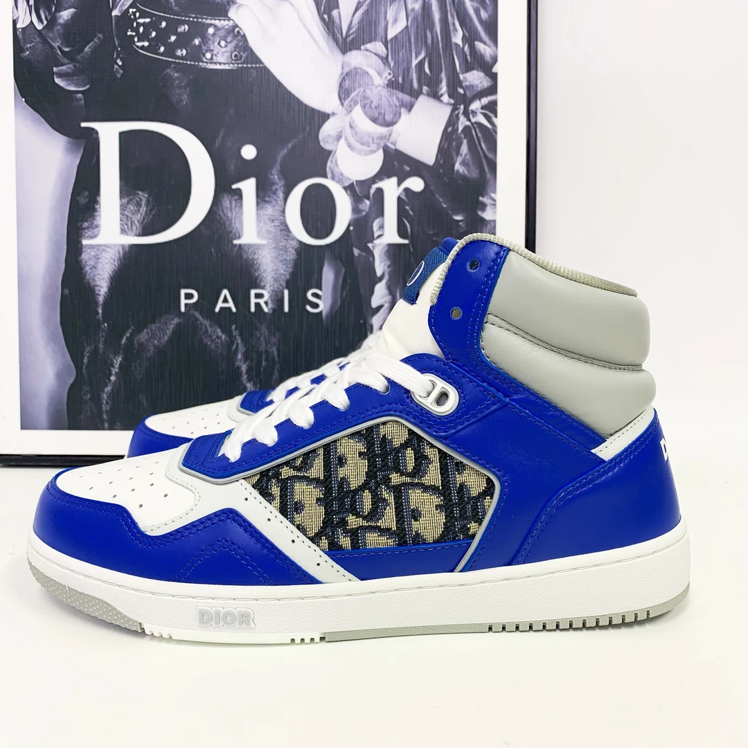 全新未使用 DIOR/迪奥 迪奥B27系列蓝色皮面灰尾高帮板鞋拼接