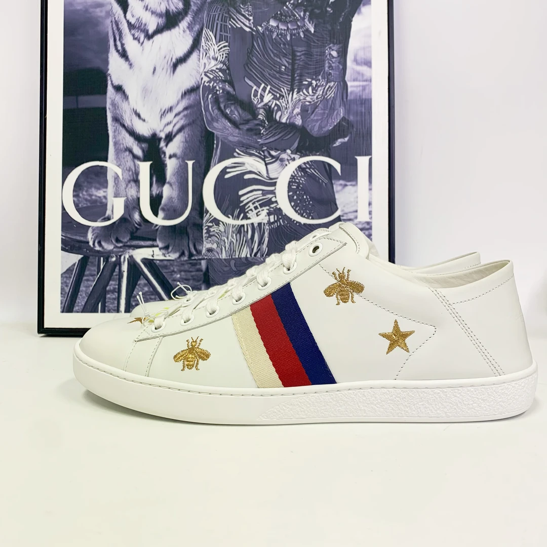 全新未使用 GUCCI/古驰 古驰ACE系列白色皮面星星蜜蜂半拖板鞋