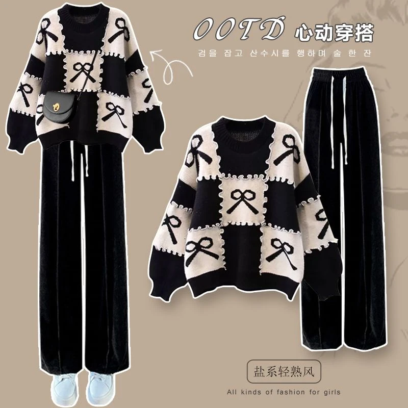秋冬季毛衣裙套装时尚轻熟风红色裙子高级感裙子套装精致女麋鹿