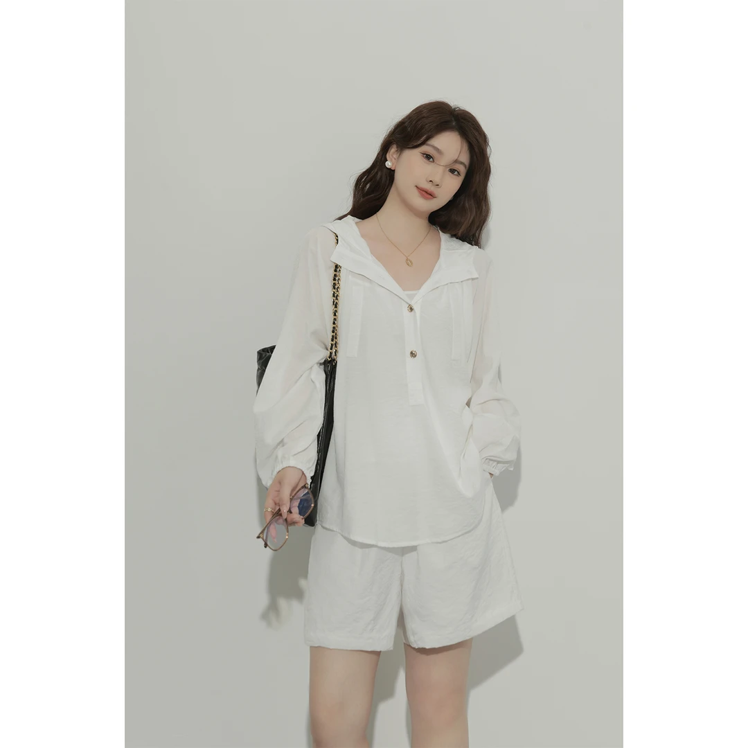 现货5007D大婉酱微胖定制 韩系胖mm夏显瘦薄款衬衣休闲短裤三件套